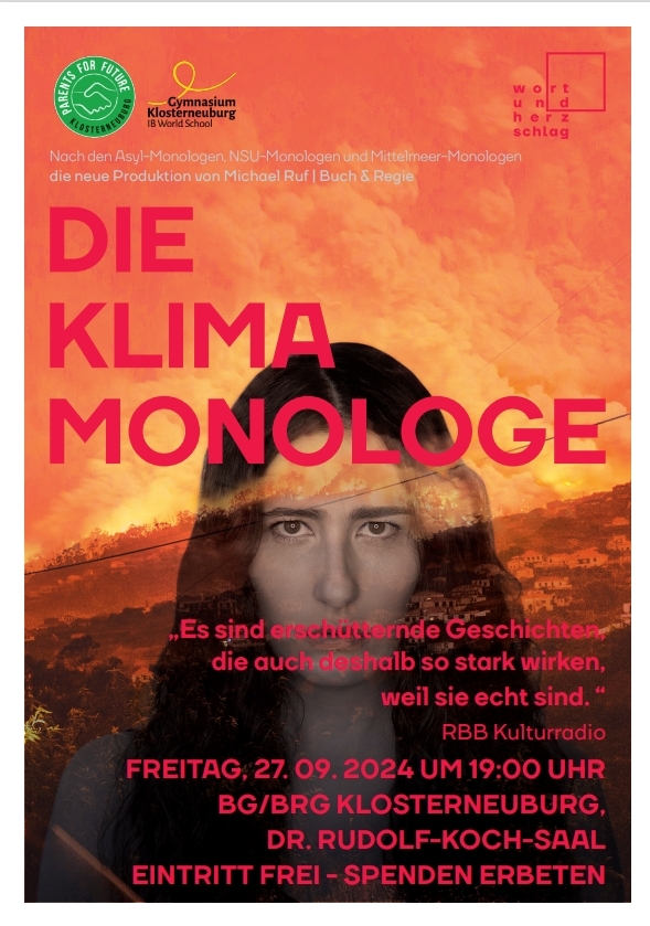 You are currently viewing 27. September 2024 – Österreich-Premiere des Theaterstückes „Klima-Monologe“ von Michael Ruf in Klosterneuburg