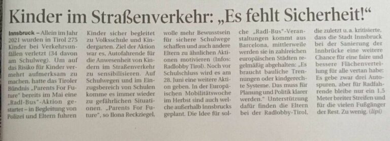 Die Tiroler Tageszeitung berichtet über die Radl-Bus-Aktion