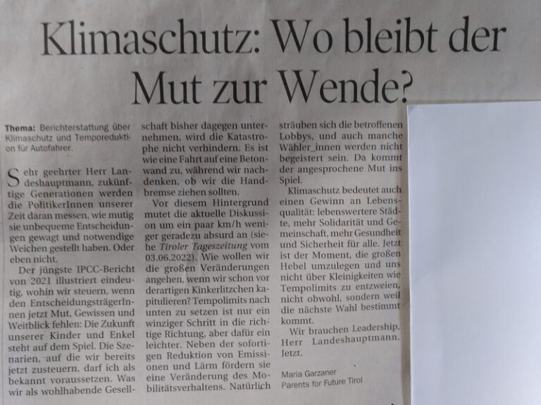 Leserbrief in der Tiroler Tageszeitung vom 14.6.22: Mehr Mut im Klimaschutz!